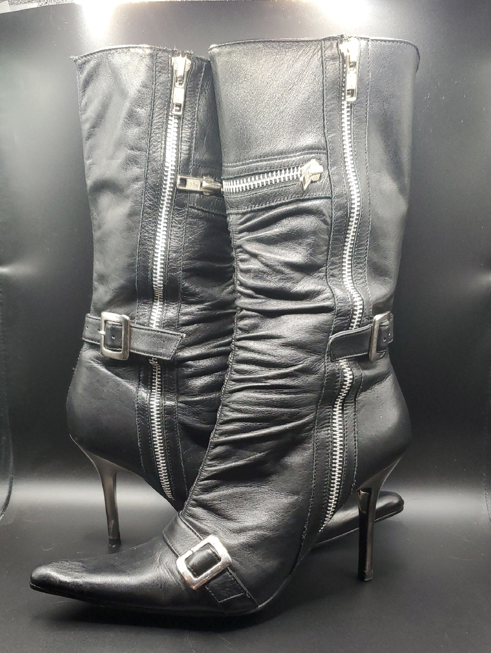 Vintage Steve Madden Leather Bad Boy Silver Heeled with Zipper and Buckle